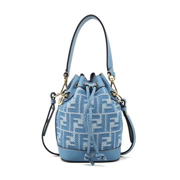 FENDI Mon Tresor 拼色FF刺繡帆布迷你水桶包(藍色)