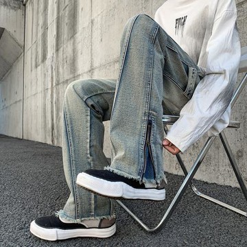 復古牛仔褲男設計感拉鏈毛邊微喇褲美式高街vibe褲子秋季直筒長褲