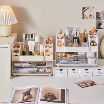 奶油風抽屜式化妝盒宿舍整理塑料置物架化妝品護膚梳妝臺桌面收納