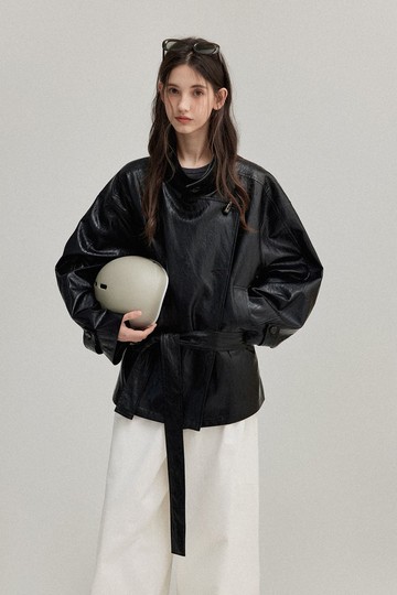 美式復古 / 斜門襟短款皮衣外套