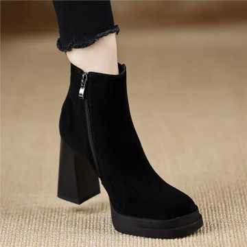 熊大叔手工女鞋8.4cm~新款耐磨防水臺后拉鏈粗跟高跟短靴黑色羊猄