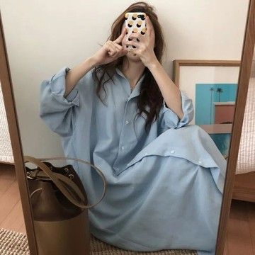 L-4XL 大尺碼長裙 慵懶風超長款襯衣式長款連衣裙棉質薄外套過膝襯衫裙