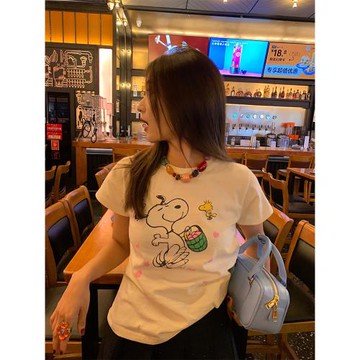 落落狷介 短袖t恤女2025新款米色印花設計感上衣夏季百搭小個子