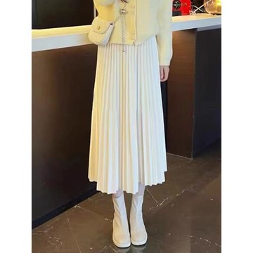 杏白毛呢百褶裙女秋冬半身裙2025新款高腰中長款顯瘦垂感a字半裙