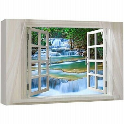wall26 Glimpse into Cascading Waterfalls in The Forest Out of Open Window - キャンバスアートウォールアート - 30.48cmx45.72cm並行輸入