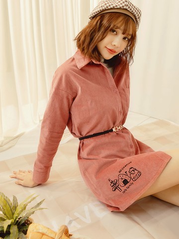 咖啡廳家族．飯糰好朋友刺繡燈芯絨長版襯衫