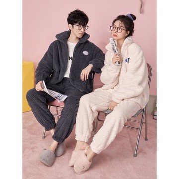 2021年新款情侶睡衣女秋冬季加厚加絨珊瑚絨套裝可外穿男士家居服