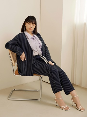 職場OL．單釦條紋西裝直筒九分褲