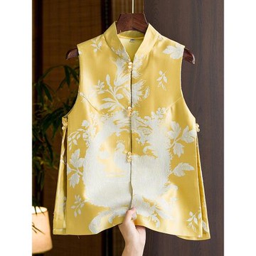 中國風唐裝馬甲背心女2025秋季新款時尚復古盤扣提花中長外搭馬甲