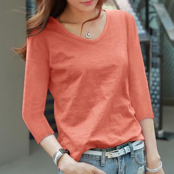 2025早春新款純棉七分袖t恤女中袖上衣寬松竹節棉V領薄款打底衫女