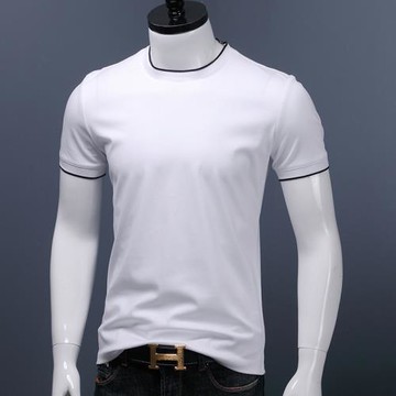 圓領打底衫男士半袖內搭 潮修身體恤上衣白色羅紋領純棉短袖t恤男