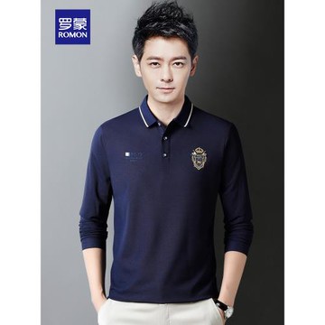 羅蒙男士長袖Polo衫春秋季新款商務休閑刺繡帶翻領T恤男裝上衣服