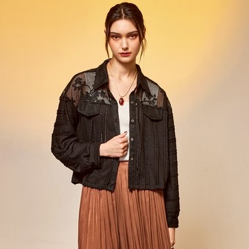 法式透膚蕾絲拼接襯衫上衣_黑色【MON'S 流行服飾】