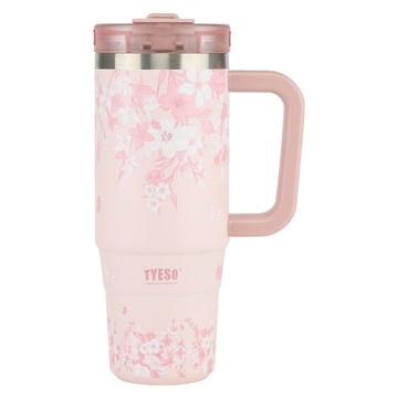 TYESO 泰碩 304不鏽鋼花卉系列 把手保溫冰壩杯  粉蝶花塢  1個  900ml