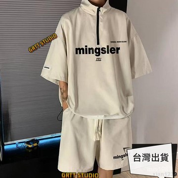 熱銷🔥【男士套裝】半拉鏈運動服夏季套裝男高級感短袖短褲搭配一套帥氣跑步兩件套潮 CGQ6