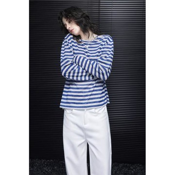 (免運)moment條紋圓領T恤女2025春季新款簡約寬松設計感小眾日系防曬衫