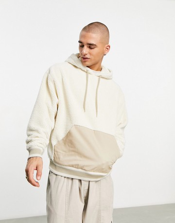 ASOS DESIGN oversized hoodie in beige micro borg with contrast pocket-Neutral