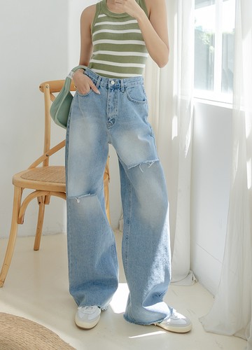 左右都破牛仔寬褲