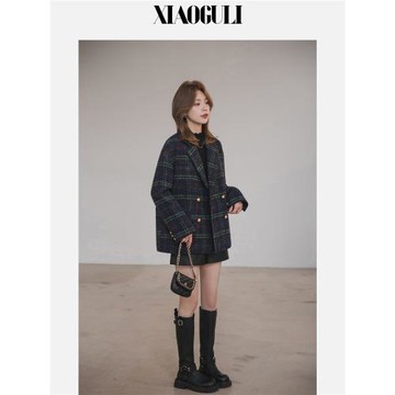 小谷粒格子毛呢西裝外套女2026年春季新款通勤氣質夾棉小西服上衣