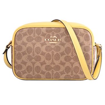 COACH Jamie 馬車LOGO撞色印花皮革斜背包/相機包(卡其/黃邊)