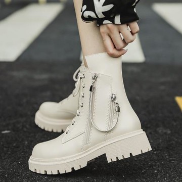 白色馬丁靴女2024新款雙拉鏈機車靴子秋冬單款英倫風厚底增高短靴