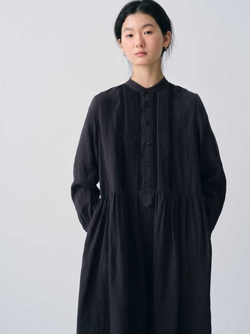 炭黑塔克復古蕾絲花邊連衣裙洋裝