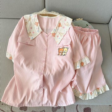 可可裡🌺ins新款娃娃領輕鬆熊睡衣女閨蜜兩件套夏季薄款姐妹款學生家居服