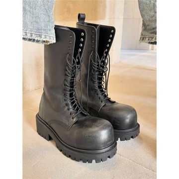 超酷大頭馬丁靴女中筒靴2026新款真皮粗跟增高厚底靴系帶工裝靴