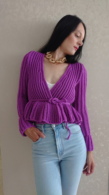 Peplum 開衫 Wrap 毛衣 V 領針織毛衣 Crop blouse 紅色毛衣