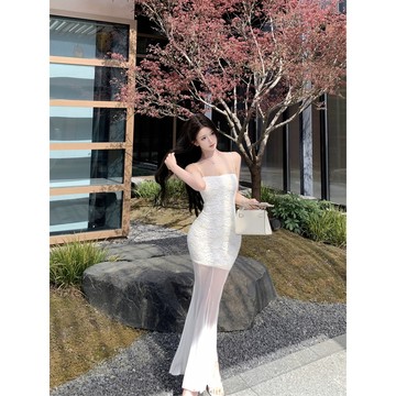 【桃喜Rich女裝】白色洋裝 吊帶長裙 性感蕾絲拼接網紗連衣裙 修身顯瘦包臀裙 無袖連身裙 約會洋裝 名媛洋裝