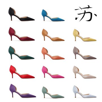 蘇社交 尖頭細跟高跟鞋性感中空綢緞6cm黑色職業中跟淺口單鞋女鞋