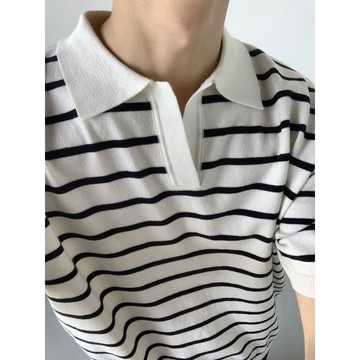 男生條紋短袖上衣 寬版 透氣 夏季翻領POLO衫男黑白條紋針織T恤上衣高級感寬鬆小衆體恤五分袖0618