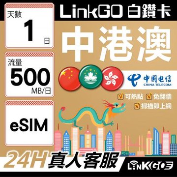 LINKGO白鑽卡 中港澳 eSIM卡 1天上網卡 每日500MB 無速流量 免翻牆可熱點(中港澳網卡 中國 大陸 香港 澳門 虛擬卡)