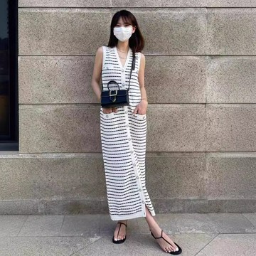 ParrotFashion 針織洋裝 法式溫柔風針織條紋無袖背心洋裝質感高級感休閒長款裙子女夏季