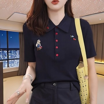 【純棉 POLO 女】純棉爆款夏日休閒通勤女士休閒t卹新款卡通小熊刺繡翻領短袖女