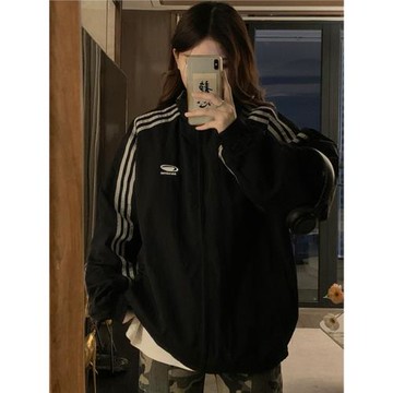 美式復古兩面穿三條杠外套男女春秋韓版寬松學生情侶運動夾克上衣