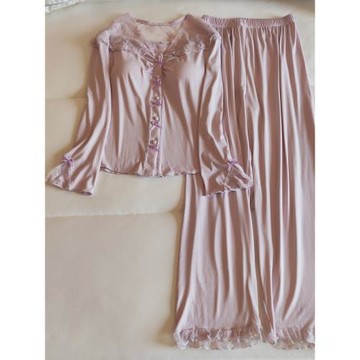 帶胸墊睡衣女春秋季長袖純欲風兩件套裝新款蕾絲花邊莫代爾家居服