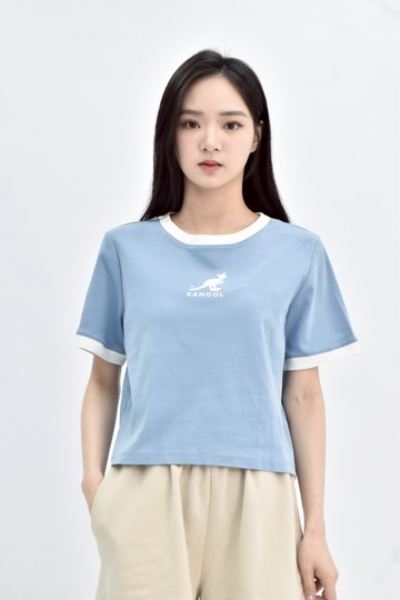 (L) 【董仔私服】kangol修身短版棉質純棉藍色短袖上衣