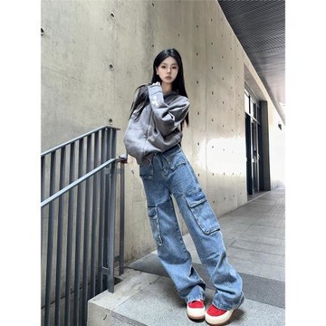 EV 寬松闊腿工裝牛仔褲女美式重工直筒多口袋拖地長褲