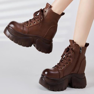 秋短靴厚底媽媽馬丁靴系帶單靴高跟真皮加絨內增高女鞋棉靴冬小34