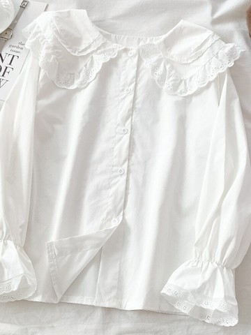 甜美可愛娃娃領白色襯衫女潮春秋新款韓版寬松長袖襯衣設計感小眾