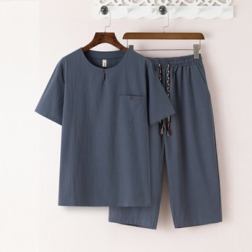 夏天中年套裝男亞麻短袖寬松爸爸夏裝中老年人爺爺休閑棉麻七分褲