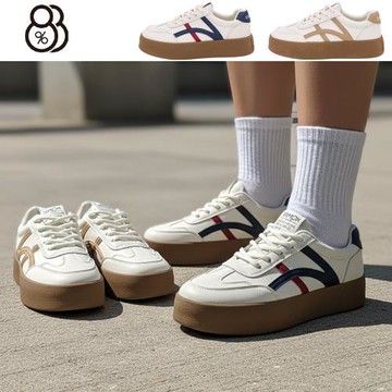 【88%】跟高4cm 復古厚底小白鞋 線條學院德訓鞋 舒適運動休閒鞋 2色