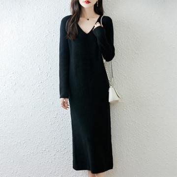 【米蘭精品】現貨+預購 100%羊毛衣針織衫發熱衣長袖保暖內搭加絨寬鬆大碼休閒-V領簡約女連衣裙4色74nc99