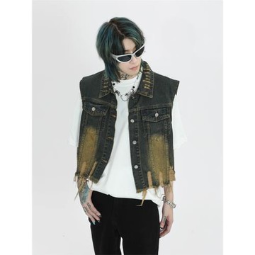 小眾設計感美式復古水洗馬甲破洞毛邊流蘇男短款秋季無袖高街外套