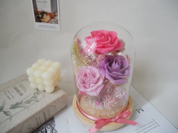 不凋花玻璃罩夜燈【桃粉霧紫】永生花/新婚/七夕情人節/母親節