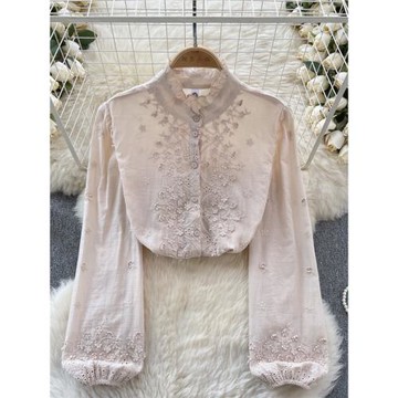 波西米亞甜美襯衫春裝女重工刺繡木耳邊領減齡泡泡袖上衣洋氣百搭