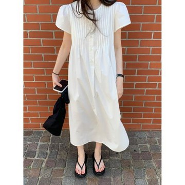 2026年韓系chic夏薄款直筒寬松遮肉純棉法式泡泡袖百褶圓領連衣裙