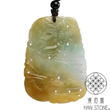 【漢石齋】天然翡翠A貨 護主龍牌玉佩吊墜 冰糯種飄花帶黃翡(41*56*5mm)