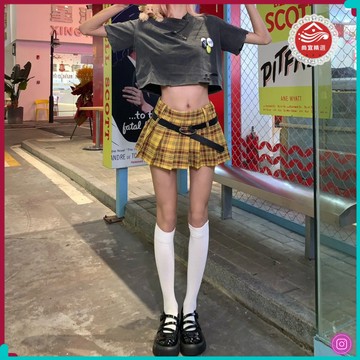 🌺百搭短裙🌺複古美式黃色格子百褶裙女大碼設計感辣妹JK半身裙學院風a字短裙 HZQS